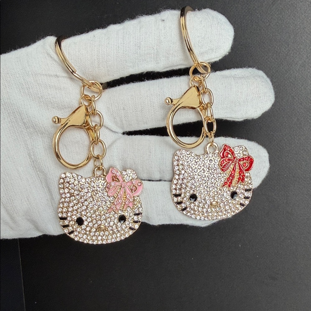 New Crystal Kitty Charm Keychain Pair with Red and Pink Bows